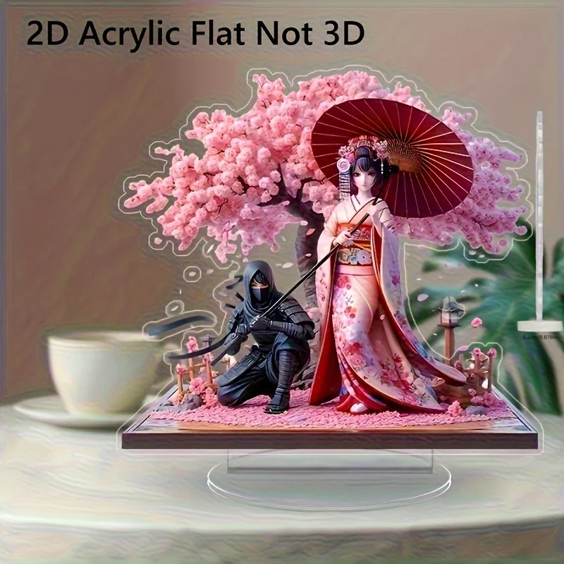 2D Flat, 2D Acrylic Anime Cherry Blossom Ninja Sculpture - Japanese Kimono And Katana, Pink Cherry Tree Base, Multifunctional Ho