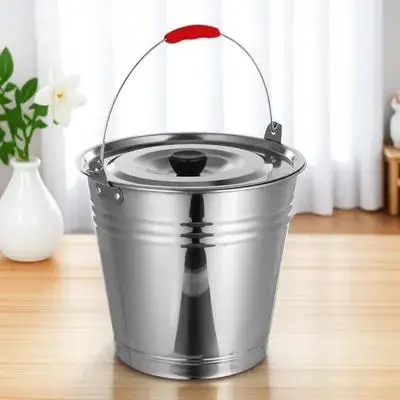 

1pc Stainless Steel Water Bucket 24CM with Lid Heavy Duty Thickened Multi Purpose Ranch Milking Ice Storage Practical for Home