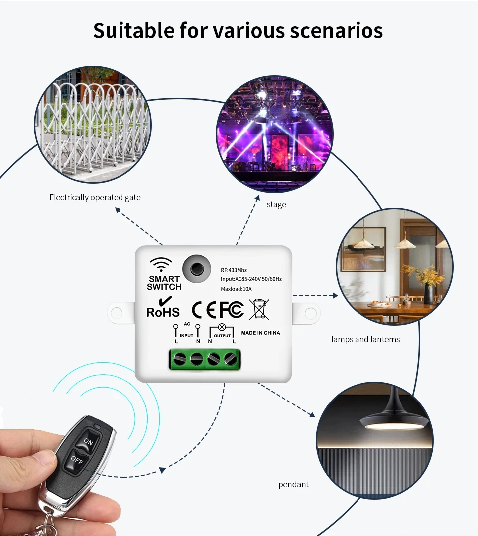 KEBIDUMEI RF 433MHz Drahtloser Fernbedienungs-Lichtschalter AC 220V 110V 10A Controller EIN/AUS-Sender Relais-Empfänger für LED – Detail 9