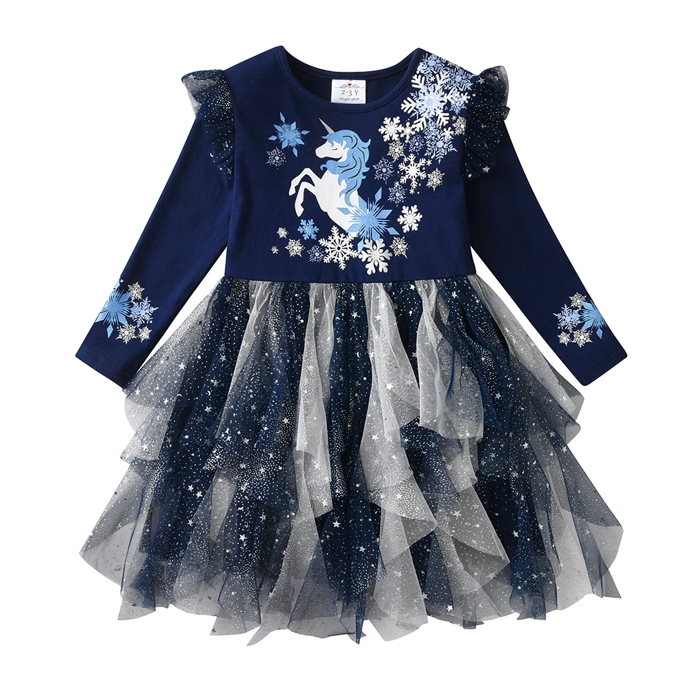 DXTON Christmas Girls Dress 2024 New Year Party Princess Tutu Dress Unicorn Toddler Cotton Dress Snowflake Print Winter Clothing