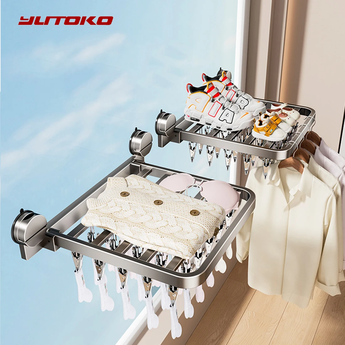 Suction Cup Drying Socks Artifact Indoor Home Balcony Underwear Drying Rack Wall Hanging Multi-Clip Folding Clothes Drying Rack