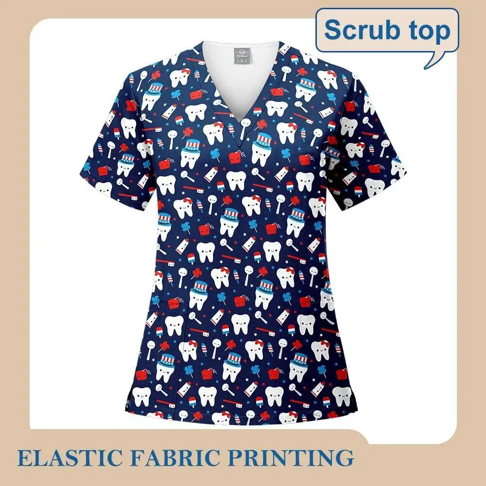 

Christmas Print Top Women Men Dentist Working Uniforms Nurse Scrub T-Shirt Uniformes Medicos Mujer Tooth Hospital Workwear