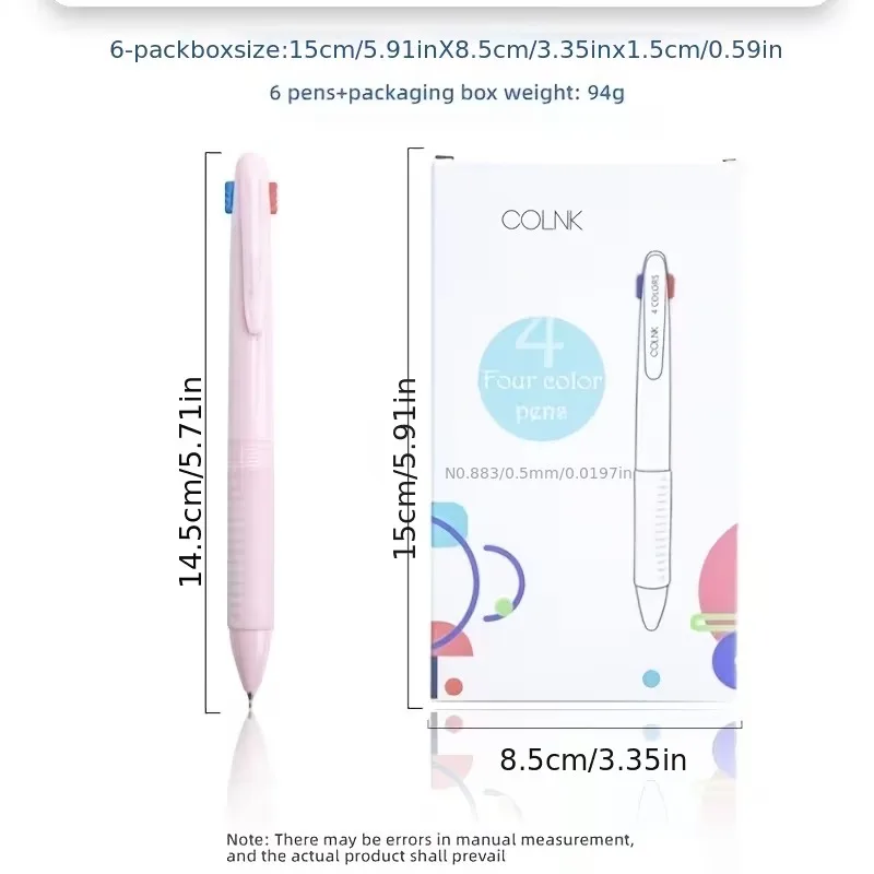 Macaron 4-Color Retractable Pens, 6-Pack 0.5mm Multicolor Ballpoint Pens for Students & Office