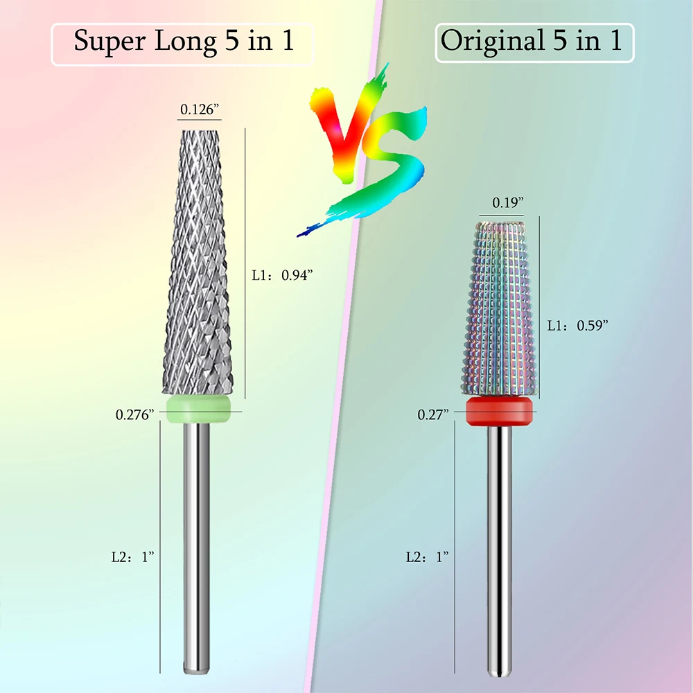 Serie de brocas de flauta superlarga para uñas, accesorios para manicura de carburo de gel, 7,0mm, 5 en 1