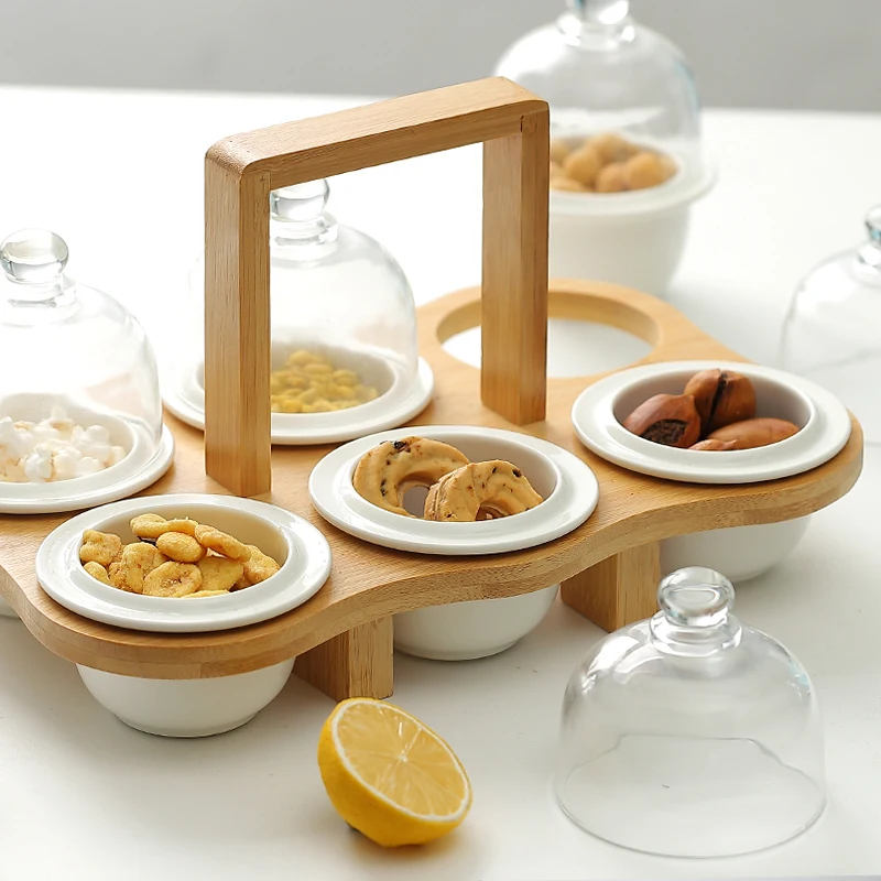 

Japanese-style Ceramic Dessert Bowl, Household Snack Platter, Transparent Glass Cover, Compartment Tray, Portable Wooden Stand