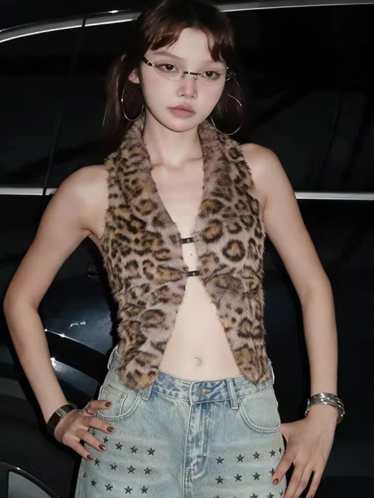 Weird Puss Sexy Leopard Furs Tank Top Women Backless Halter Bandages Irregular Hem Midnight Street Club Y2K Hottie Fashion Vest