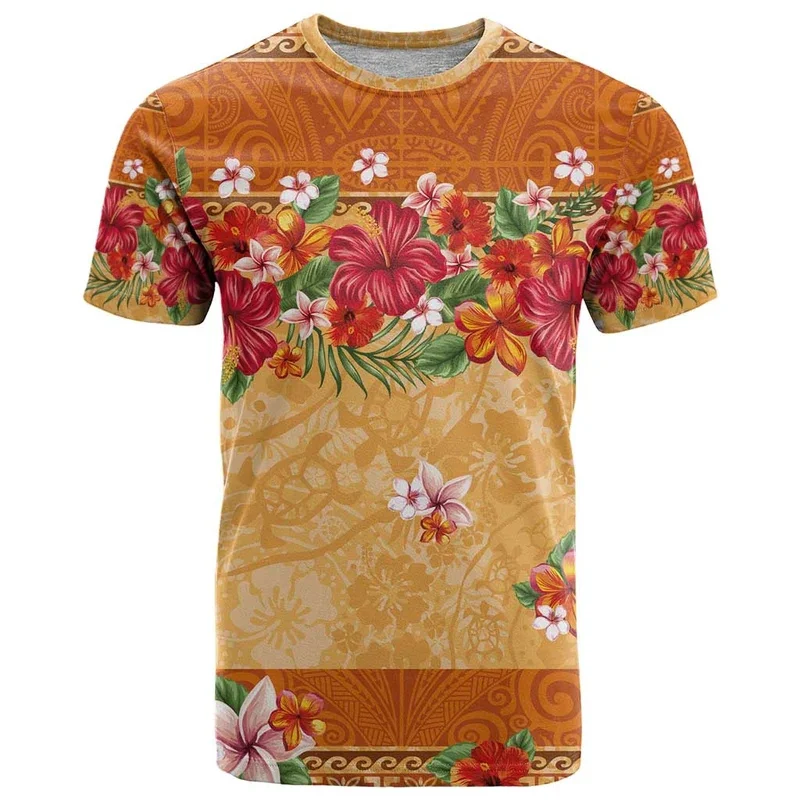 Tiki-Camiseta con estampado 3D de hibisco para hombre, camisa informal de manga corta con cuello redondo, ropa de calle polinesiana de gran tamaño, novedad de verano