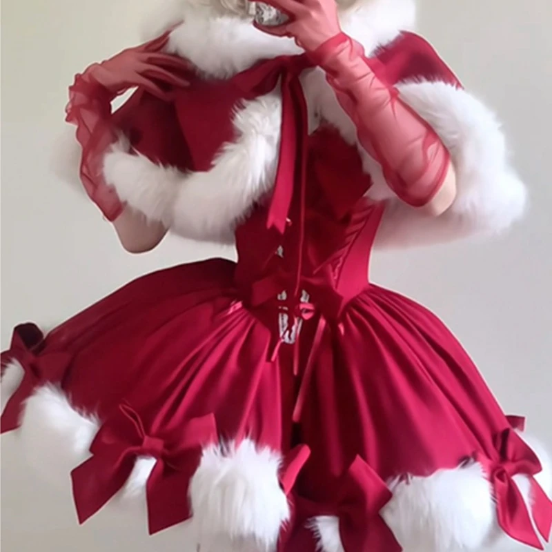 New Christmas Red Lolita 2Pcs Set for Women, Furry Trim Hooded Cape Bow Puff Mini Princess Skirt New Year Holiday Party Costume