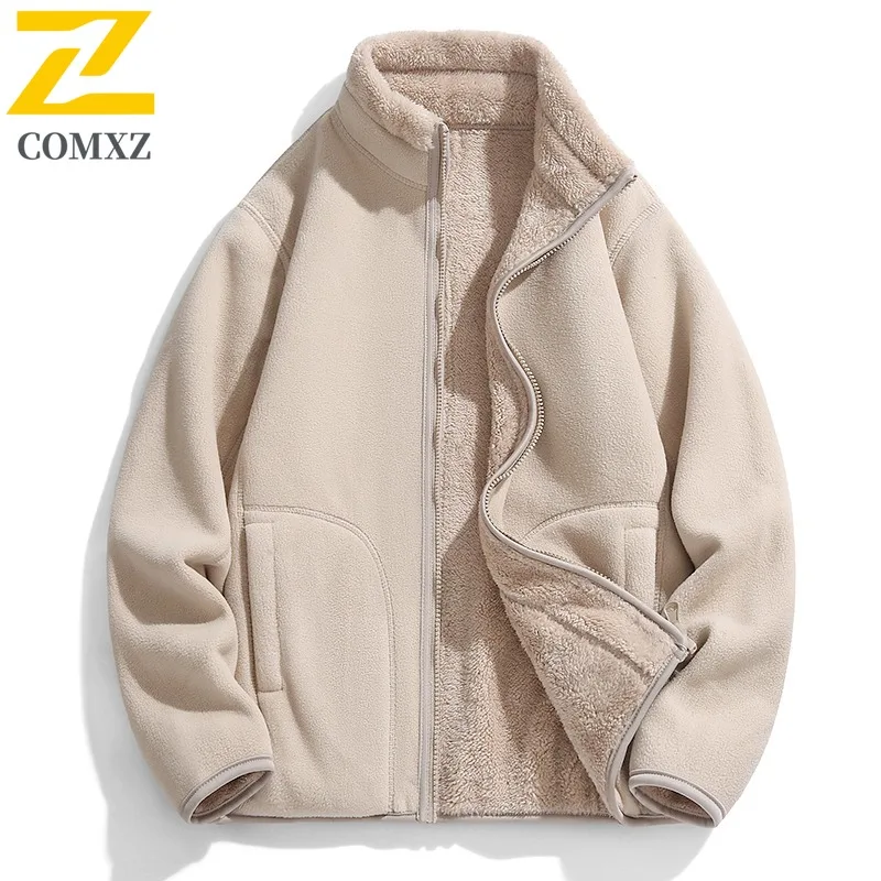 

COMXZ Men Lamb Wool Jacket Casual Lapel Outdoor Cycling Warm Motorcycle Coats Solid Color Travel Comfort Windproof Winter Coat