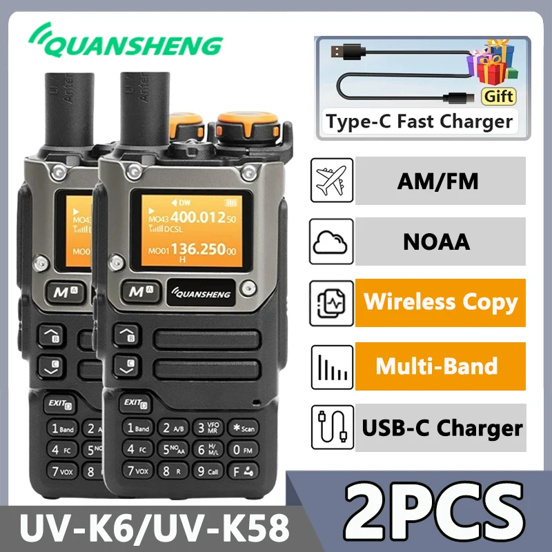 Quansheng UV-K6 Walkie Talkie 2PCS 5W AM FM Tyep-C Ham Radios UHF VHF DTMF Scrambler NOAA Wireless Frequency Two Way CB Radio