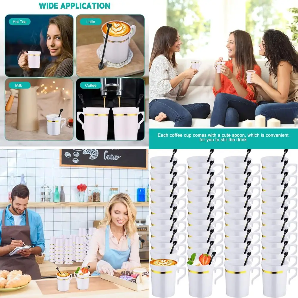 

100 Pack Reusable 8 oz White Coffee Cups with Handle and Spoon, Gold Rimmed for Espresso, Tea, Cafe, Milk, Dessert