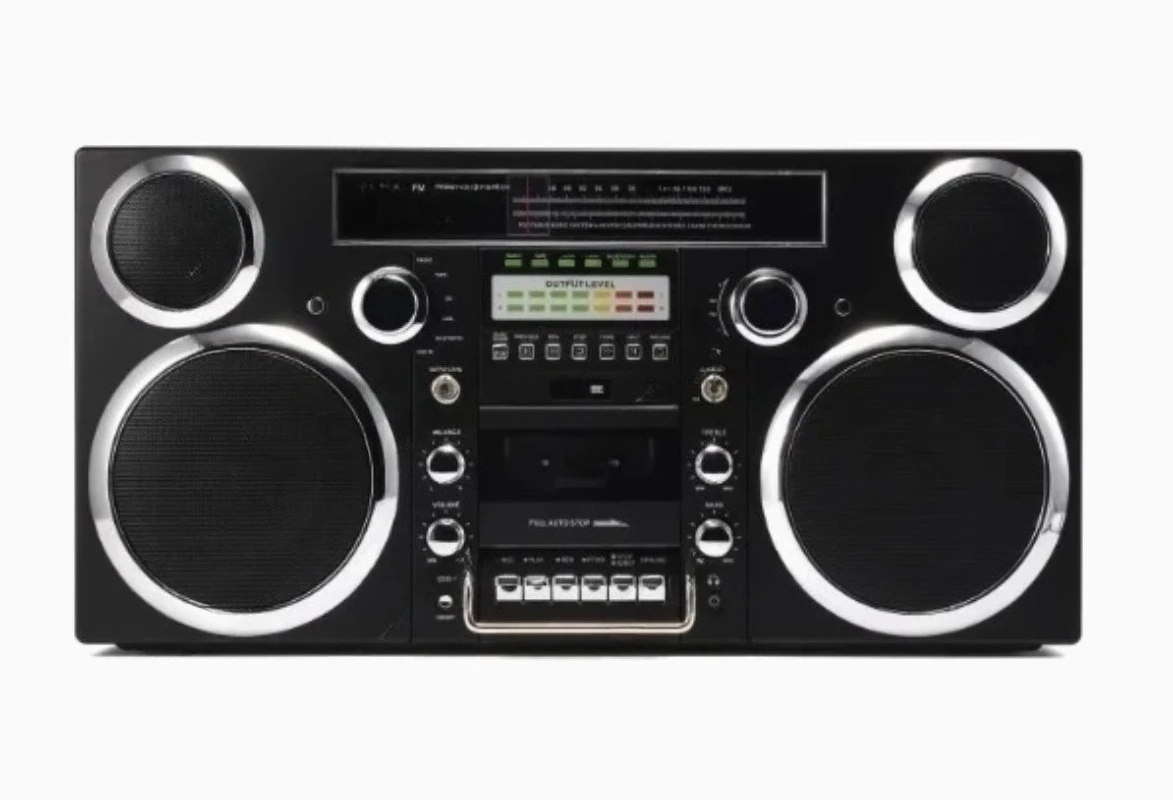 -Style Portable Boombox - CD Player, Cassette Player, FM Radio, USB, Wireless Bluetooth Speaker - Silver
