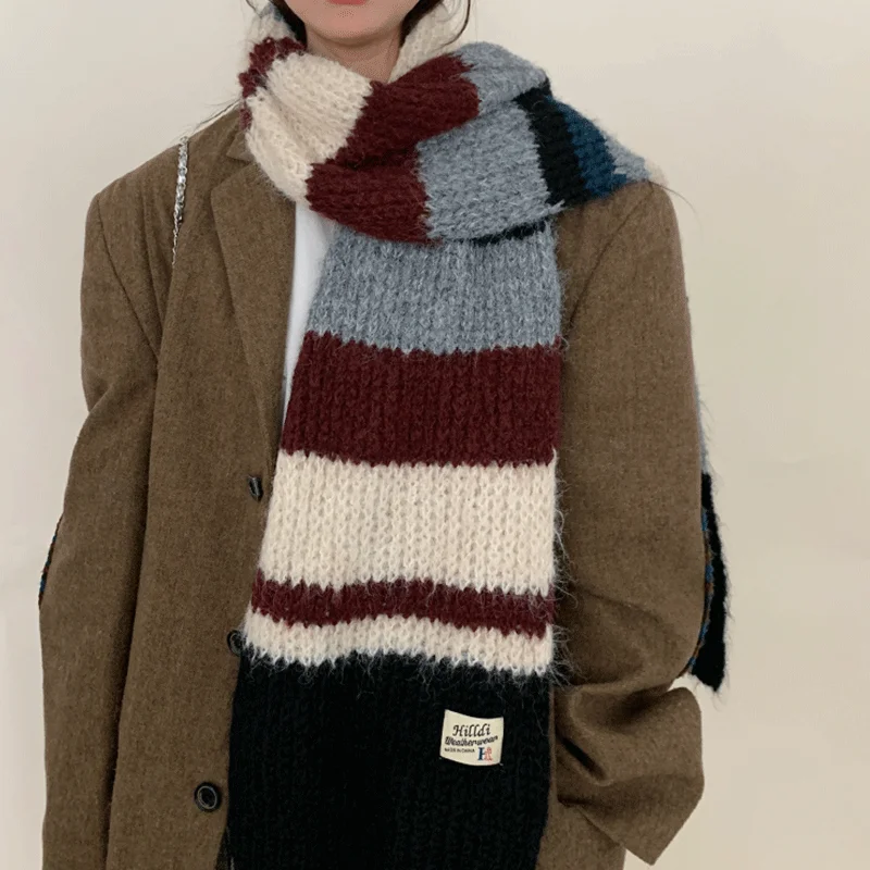 Luxury Scarf Man women Winter Warm Wool knitted Scarf Women\'s Fashion Colour Blocking Striped Thick Warm Scarf Shawl Wrap