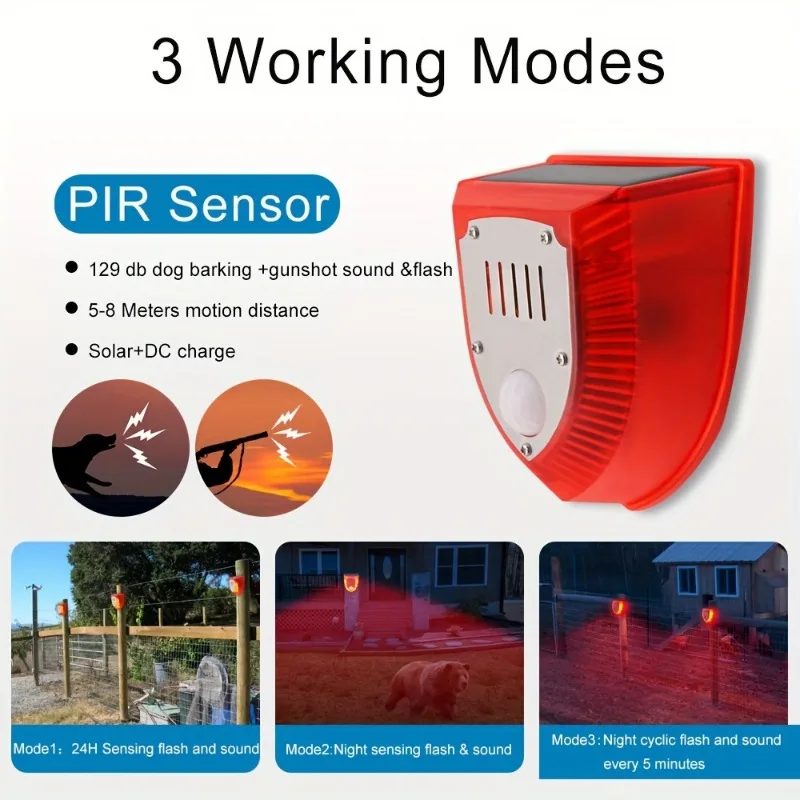 1pc luzes de alarme de segurança movidas a energia solar gunshot & dog ladrando soundas, sensor de movimento, luz estroboscópica para fazenda ao ar livre, celeiro, quintal