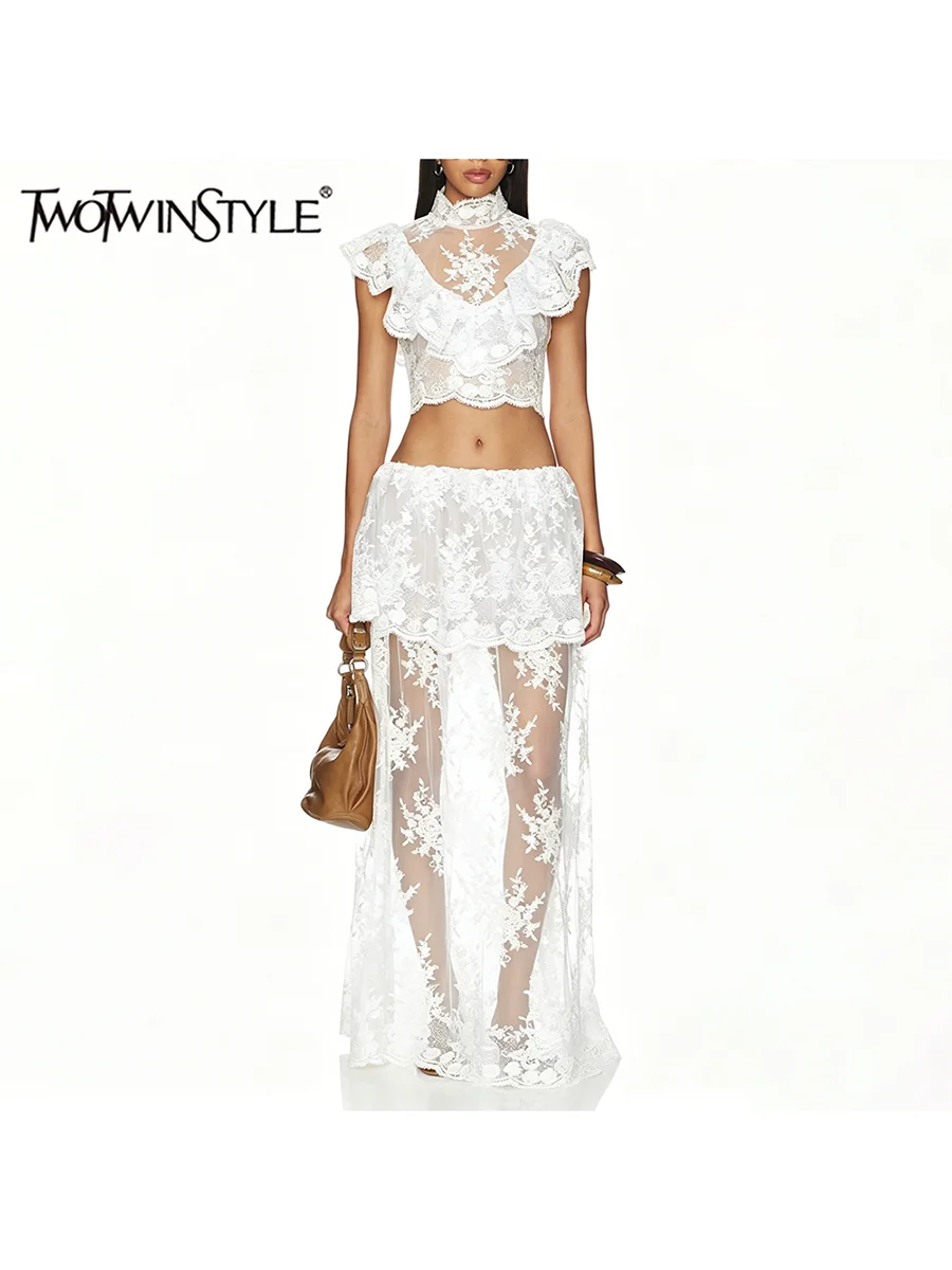 TWOTWINSTYLE Solid Spliced Lace Two Piece Set for Women High Neck Sleeveless Top Mesh Patchwork Floral Zipper Slim Skirt Female