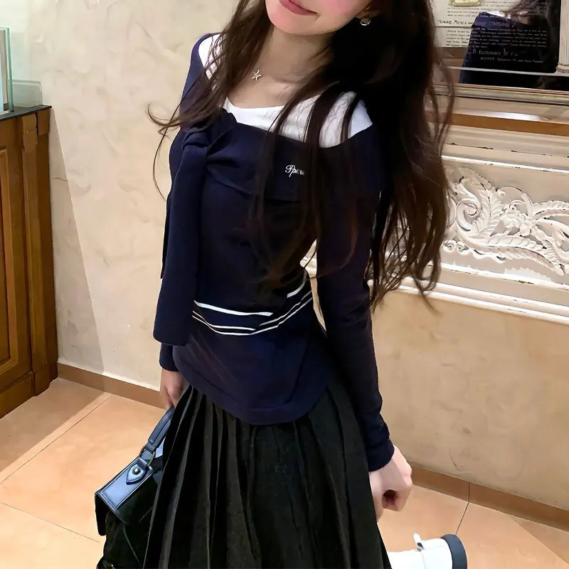 

Spring Autumn Korean Patchwork Slim Pullovers Round Neck Basic Women's Clothing Long Sleeve Fake Two Pieces Drawstring T-shirts