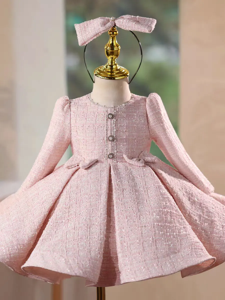 ジルウィッシュ J718 ピンクフラワーガールドレス リボン付き 素敵な長袖 膝丈 ビーズ装飾 プリンセス キッズ ウェディング 誕生日パーティー フォーマルガウン