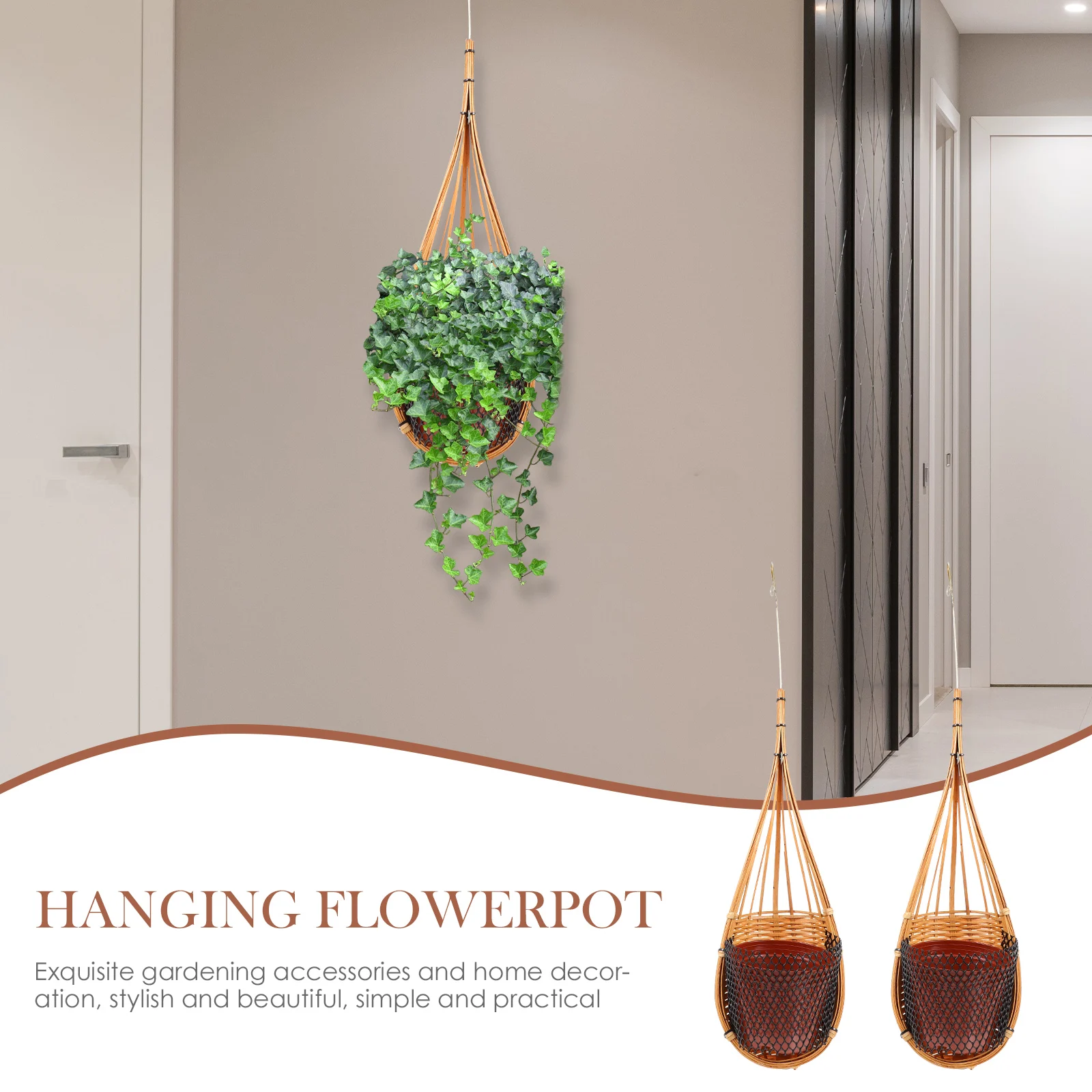 

2 Sets Bamboo Rattan Wall-Mounted Hanging Flower Pot Basket Vintage Style Indoor Plant Decor Woven Flowerpot Hanger Durable