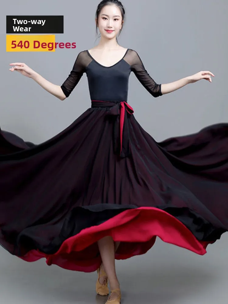 Double-Sided 720 Degree Skirt Classic Dance Skirt Silk Chiffon Half Skirt Red Xinjiang Dance Performance Clothes Women's Fashion