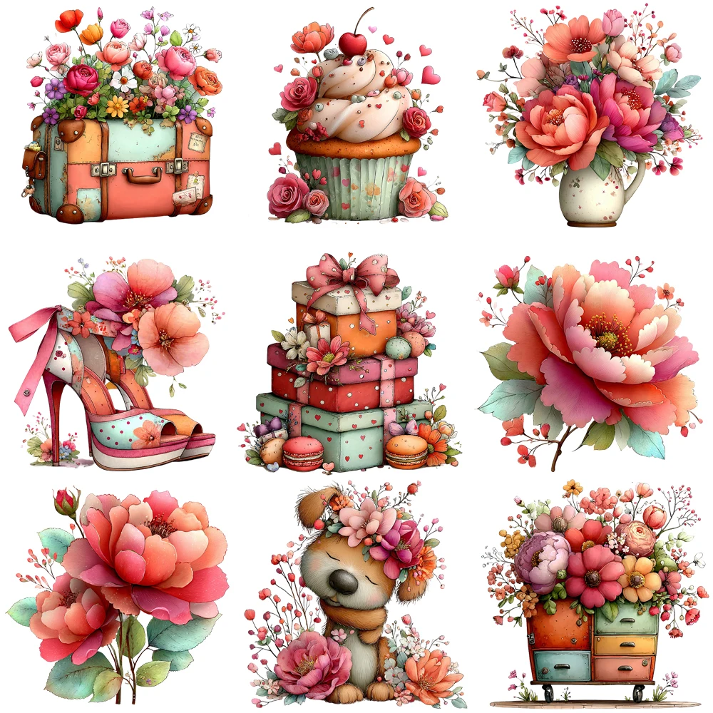 15cm Flower Mothers Day Cat Boxes High Heels Diy DTF Heat Transfer Sticker T-shirt Clothes Decals Iron On Transfer Stickers