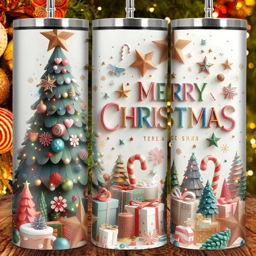 1pc Party Water Bottle Boutique Stainless Steel Insulated Hot Cold Bottle Print Xmas Tree Merry Christmas Tumbler Family Decors