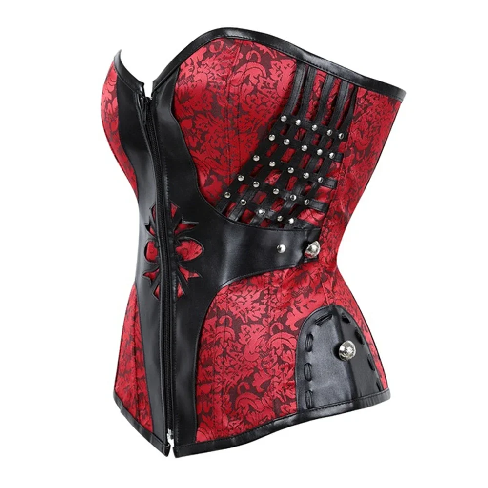 Gothic Women Corset Sexy Bustiers Steampunk Faux Leather Corsets Lacing Up Black Red Goth Costume With Zipper