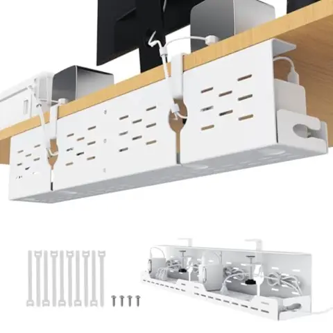 Under Desk Cable Management Tray - 32" Steel Cord Organizer No-Drill C-Clamp and Screw Mount for Office/Home Effortless Wire Ma