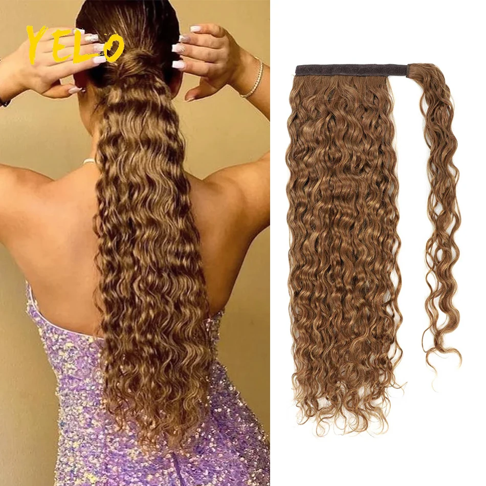 

Yelo Ponytail Наращивание человеческих волос Water Wave Wrap Around Ponytail Наращивание волос Remy Светлые волнистые натуральные черные вьющиеся хвосты