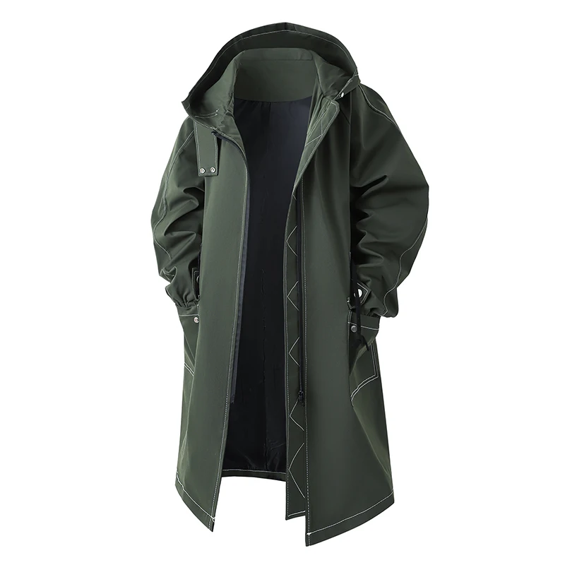 

Autumn Winter Trench Men Casual Mid-Length Hooded Jacket Men's Loose Fit Windbreaker Coat Trendy Youth Hooded Long Outerwear