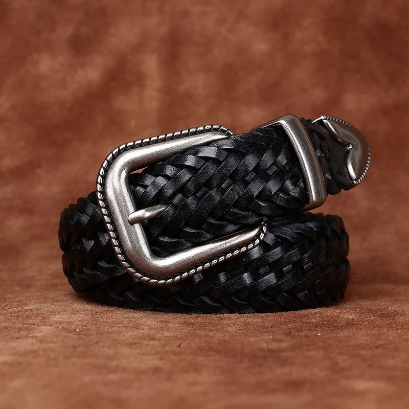 Handwoven genuine leather belt for men, fashionable and trendy braided belt for women, versatile pure cowhide belt with pin buck