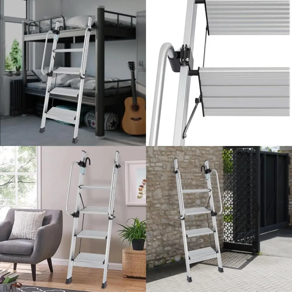 سلم سرير بطابقين قابل للطي بأربع خطوات مع سجادات مضادة للانزلاق، درابزين قابل للتعديل، دواسات واسعة للقوافل والمركبات الترفيهية