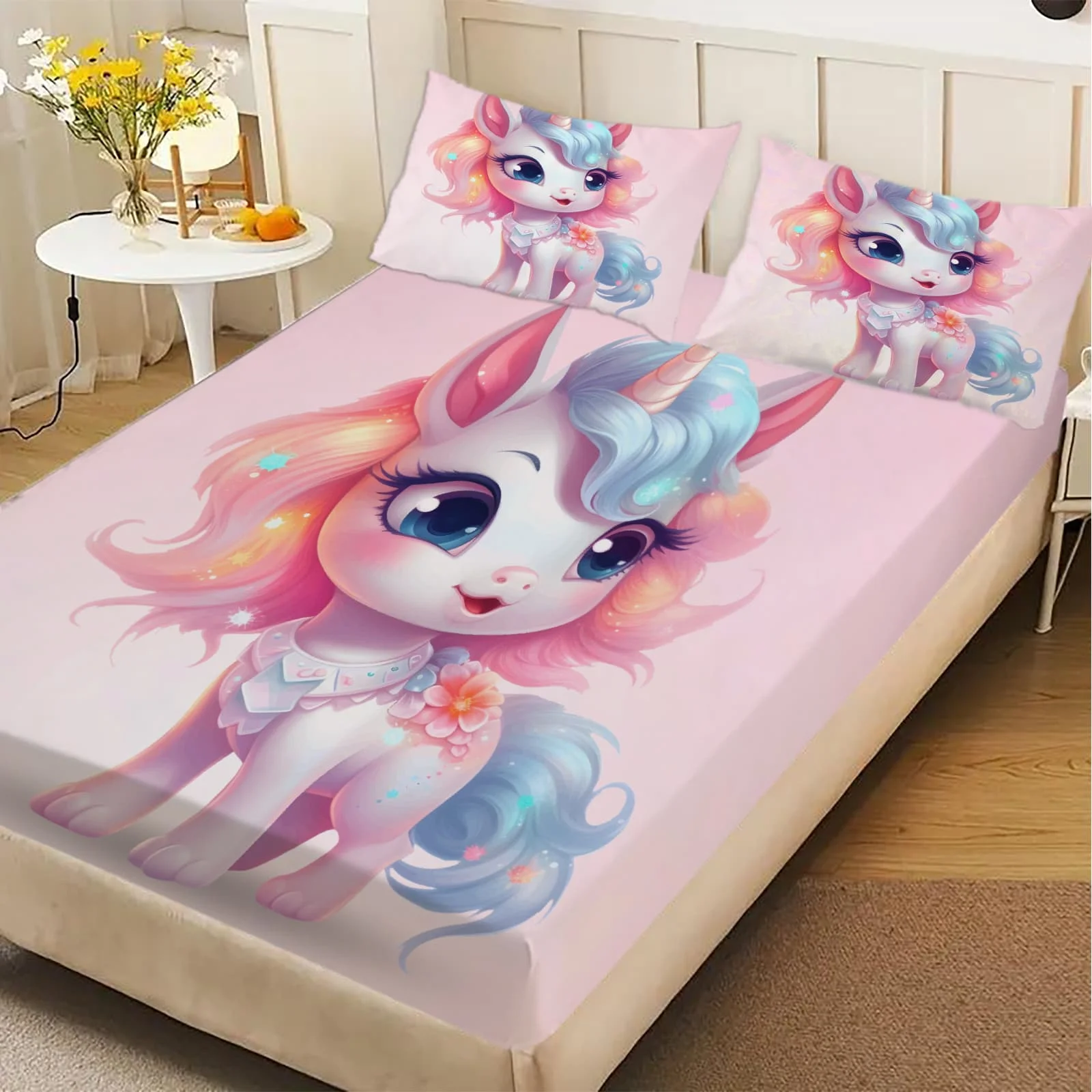 1pc Cute Pastel Unicorn Print Fitted Sheet Deep Pocket Elastic Mattress Cover Single Double Queen King Bedroom Decor