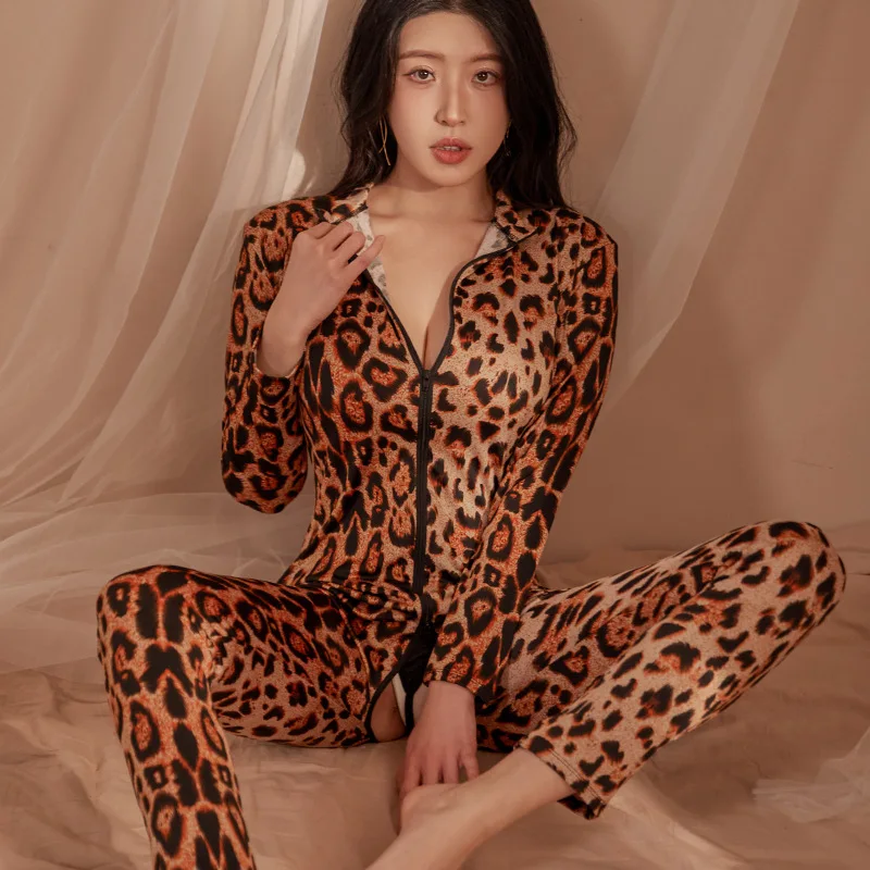 Plus Size Sexy Leopard Jumpsuit Women Wet Look Catsuit Erotic Allure Zipper Open Crotch Porn Bodysuit Mistress Sex Costumes