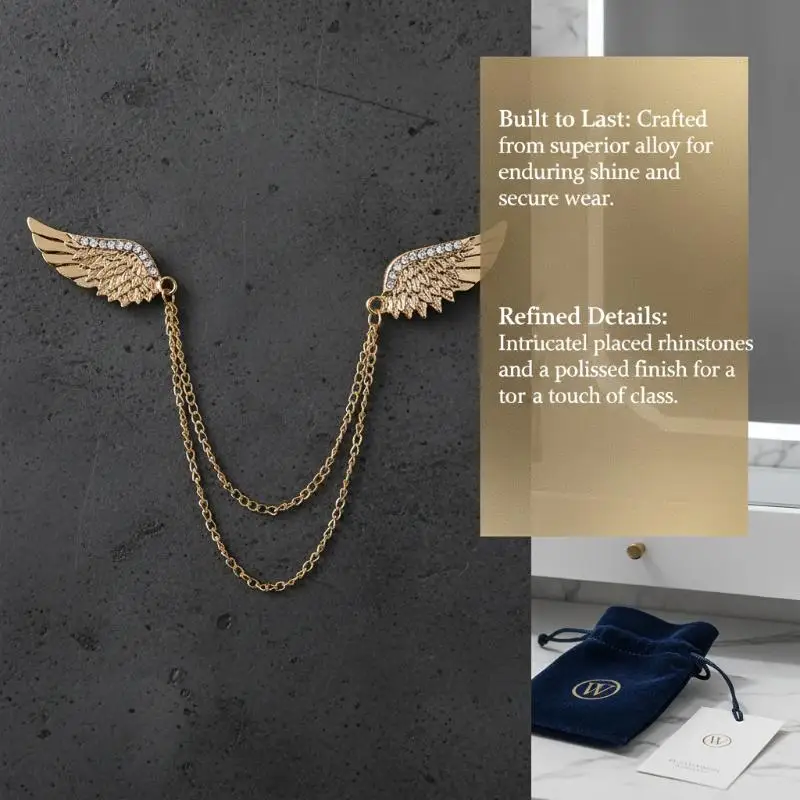 Modische Kristall-Engelsflügel-Brosche mit Metallquasten und Kette, Anstecknadel für Herrenanzüge und Hemden, Geschenk für Damen, Accessoire – Detail 3