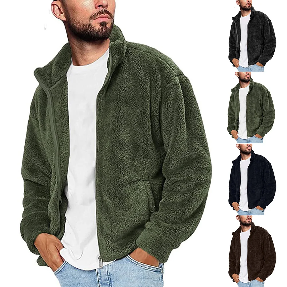 Men\\\'s Warm Plush Thicken Fluffy Jacket Coat with Stand Collar Thermal Design for Daily Casual Wear and Outdoor Activities