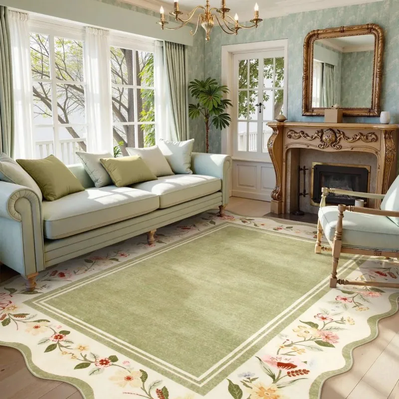 VIKAMA French-Style Floral Border Floor Mat - Slip-Resistant Living Room Floor Mat - Bedroom Decorative Pad - Home Decoration