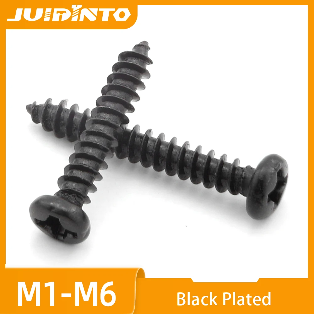 JUIDINTO 20-100pcs Black Carbon Steel Phillips Pan Head Self Tapping Screws M1 M2 M3 M4 M5 M6 Cross Round Micro Small Head Screw