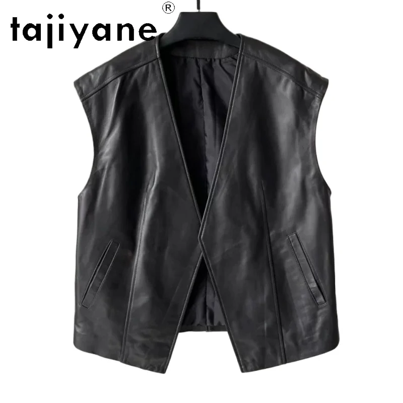 

TAJIYANE Real Leather Jacket Women Sheepskin Short Vest V-Neck Sleeveless Jackets for Woman Clothing 2026 Loose Veste Femme 자켓