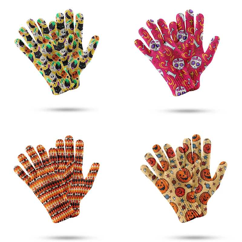 Guantes con estampado Fkull para hombre y mujer, manoplas cálidas de dedo completo con pantalla táctil, a la moda, para Halloween y calabaza, nuevo diseño