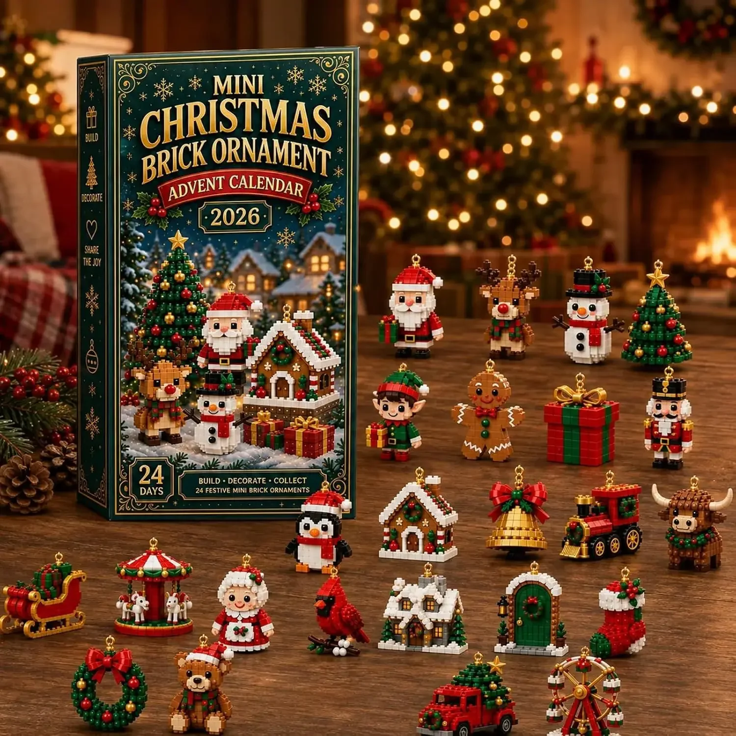 24-Day Mini Christmas Brick Ornament Advent Calendar,Unique Designs, Buildable Bricks, Hanging Loops Included, Holiday Countdown