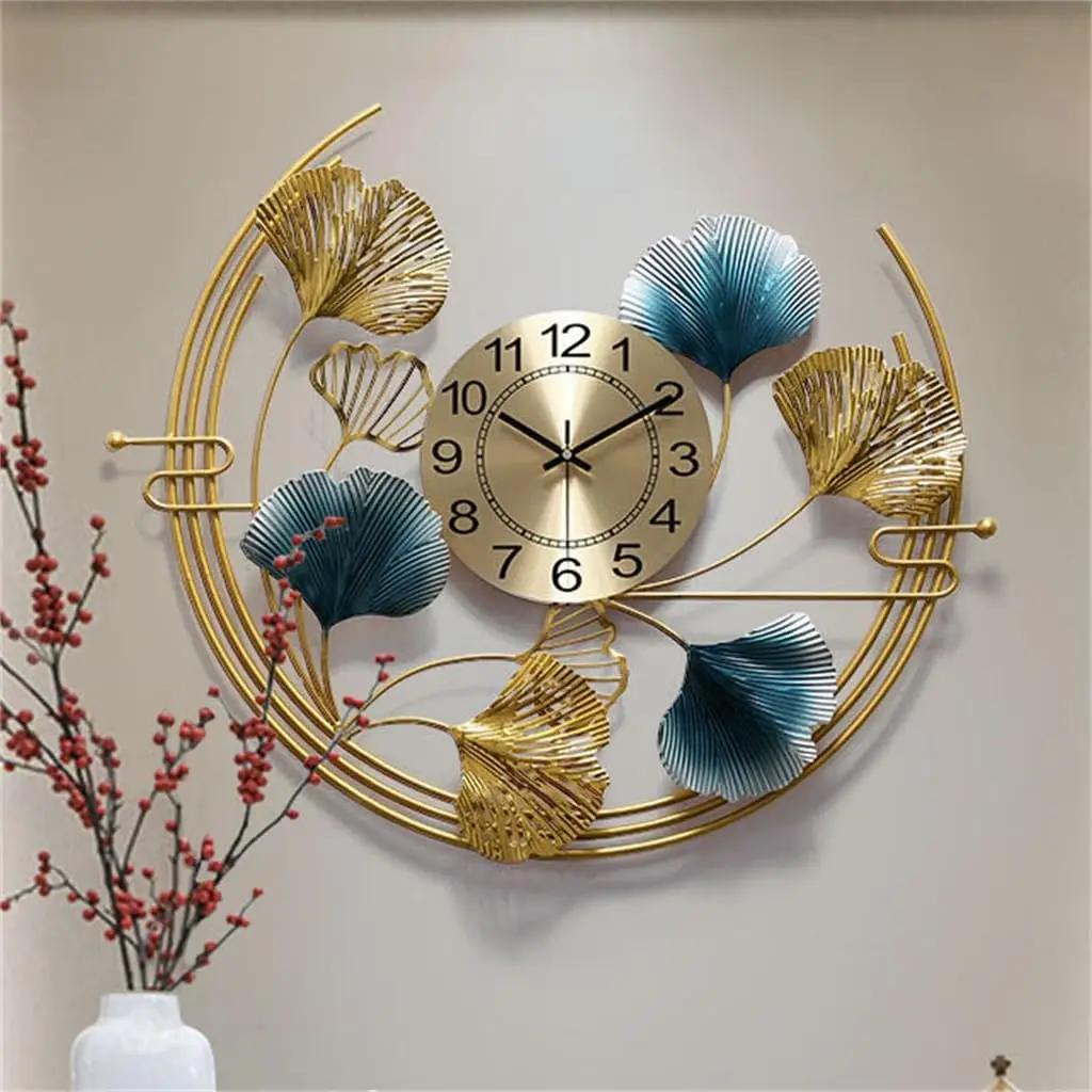 

European Style Luxury Metal Wall Clock Ginkgo Leaf Creative Simple American Living Room Wall Clock Large Wall Decor Art Clock