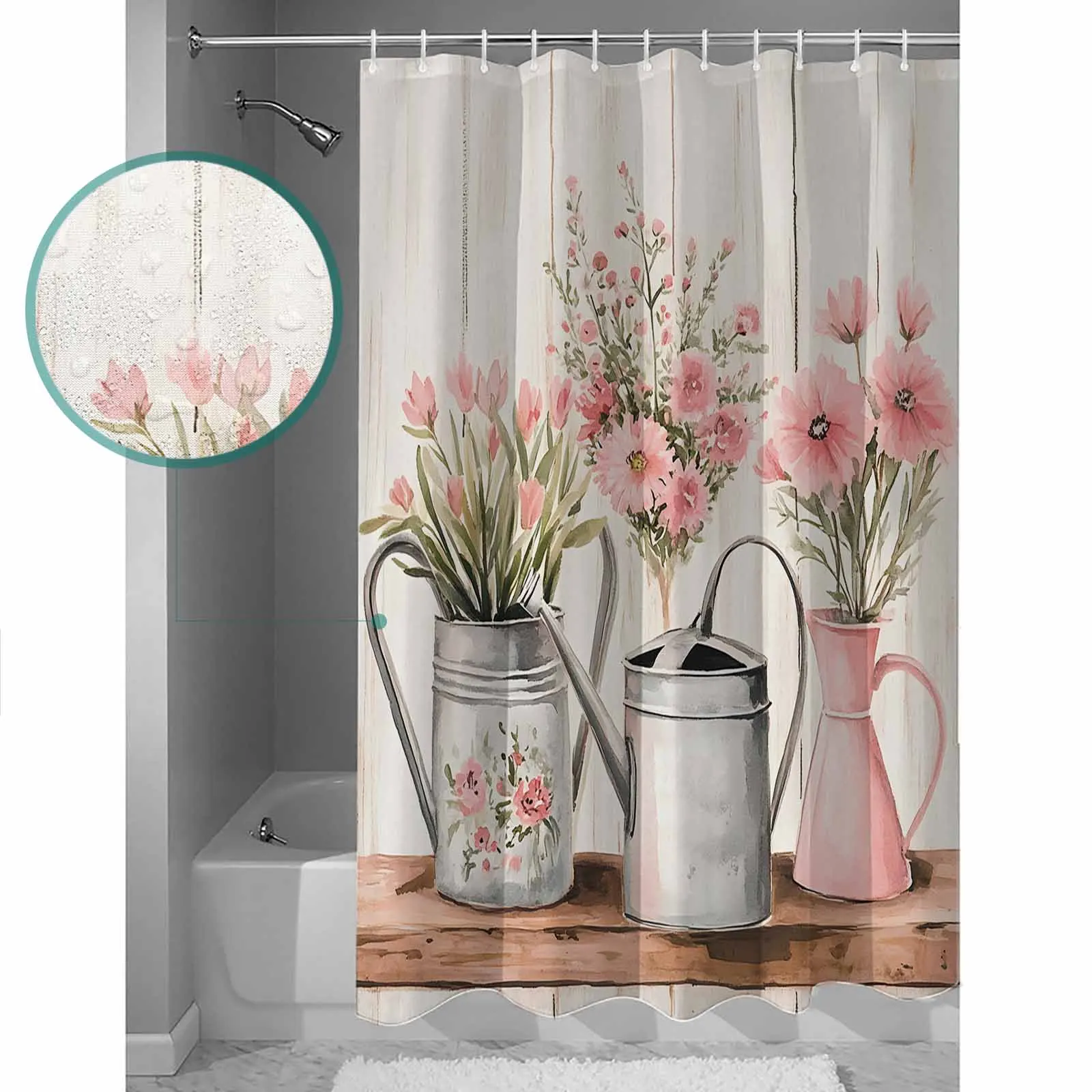 

Spring Pink Flower Shower Curtain High Quality Bathroom Waterproof Fabric Toilet Simple Style Decor