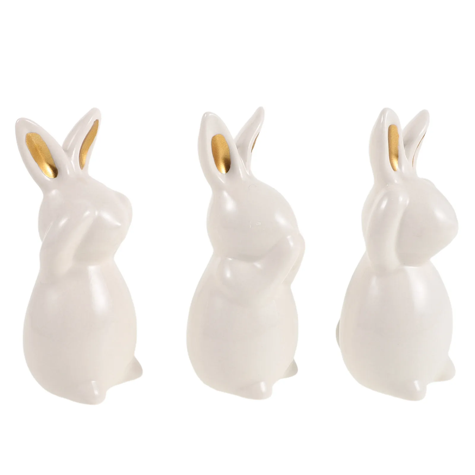 3Pcs Ceramic Bunny Statue Set No Hear See Speak Poses Tabletop Home Decor Easter Decorative Animal Ornaments Porcelain Mini