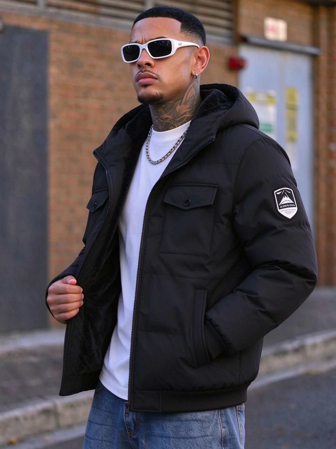 Men Hooded Padded Jacket Thick Warm Sherpa Lined Winter Coat Full Zip Outwear Multi Pocket Casual Streetwear Black