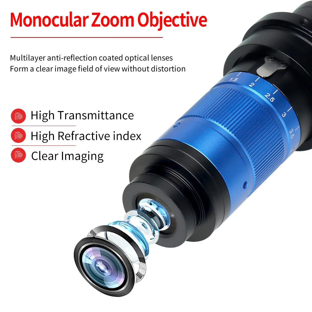 ZONGMAI Industrial Video Microscope C-Mount Type 15-700X Interface Confocal Adjustable Magnification 0.7X-5.6X Optical Zoom Lens