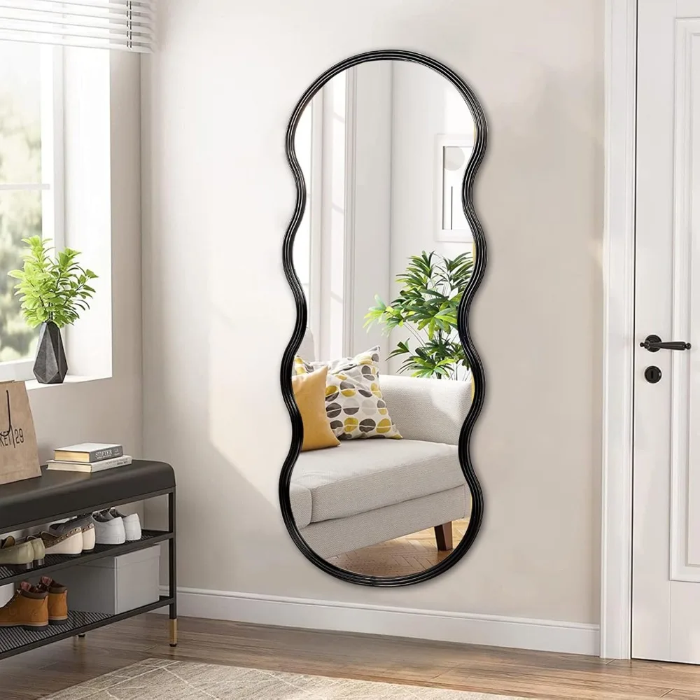 Black Full Length Mirror, Irregular Oval Wavy Mirror, Large Chic Dressing Floor Hanging Mirror for Bedroom, Living Room