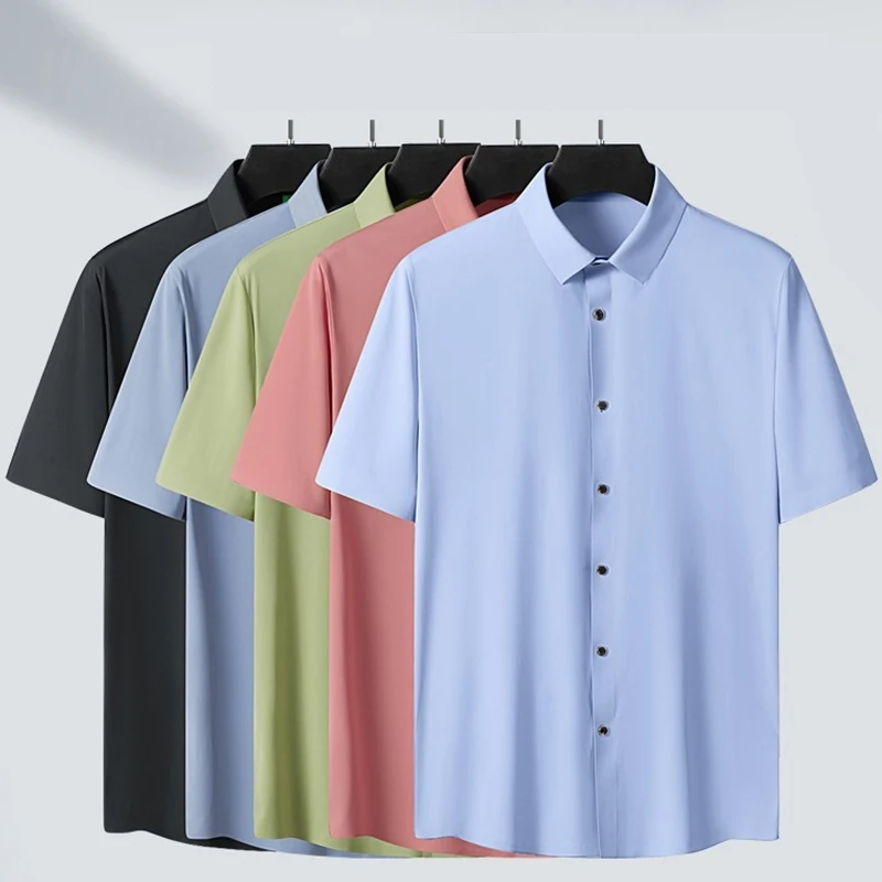 New High-quality Ice Silk Men\'s Business Casual Short Sleeved Shirt Summer Ultra-thin Breathable Outdoor Sports Solid Color Top