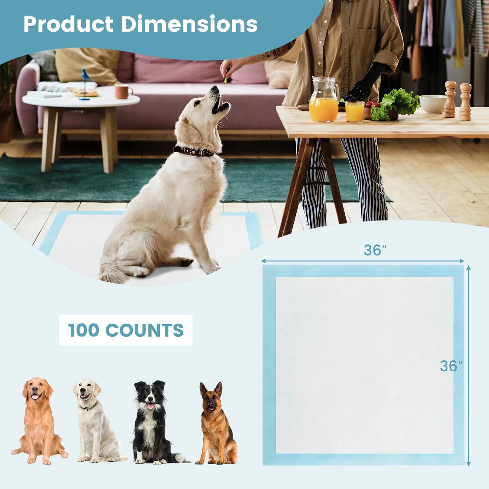 36 بوصة × 36 بوصة (100 قطعة) وسادات تدريب على نونية الكلاب مع وسادات تبول سريعة الجفاف