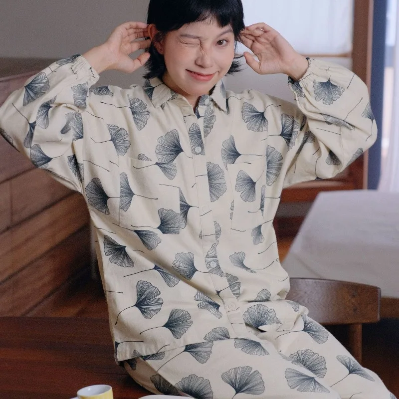 

Корейский стиль, пижамный комплект с принтом листьев гинкго, женская хлопковая одежда для сна с длинными рукавами и пуговицами, домашняя одежда, повседневная одежда для дома, пижама