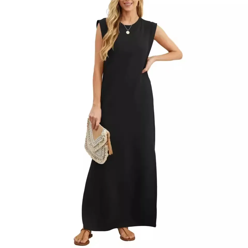 Women's Summer Casual Loose Long Dress Sleeveless High Waist Solid Color Slim Dress Ankle Length